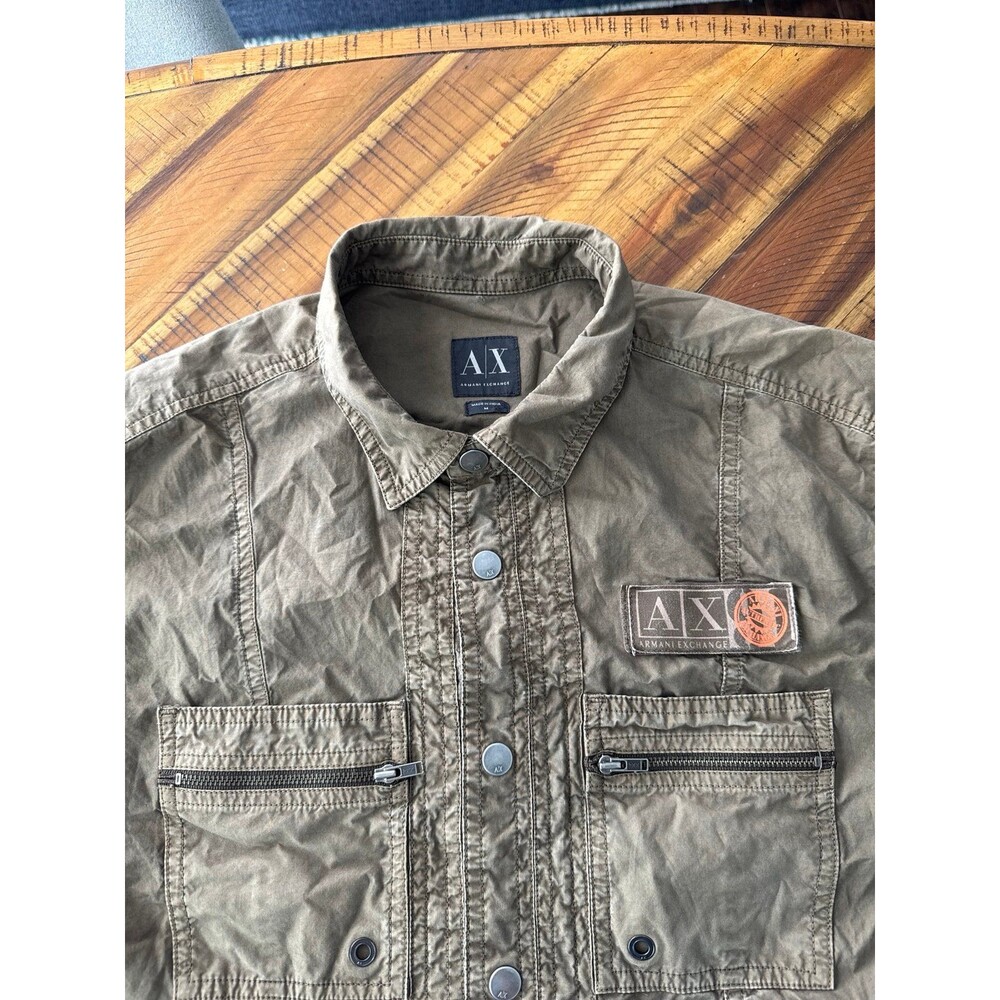 Armani Exchange AX Khaki Utility Shirt Men’s M Short Sleeve Button Up Zip Pocket